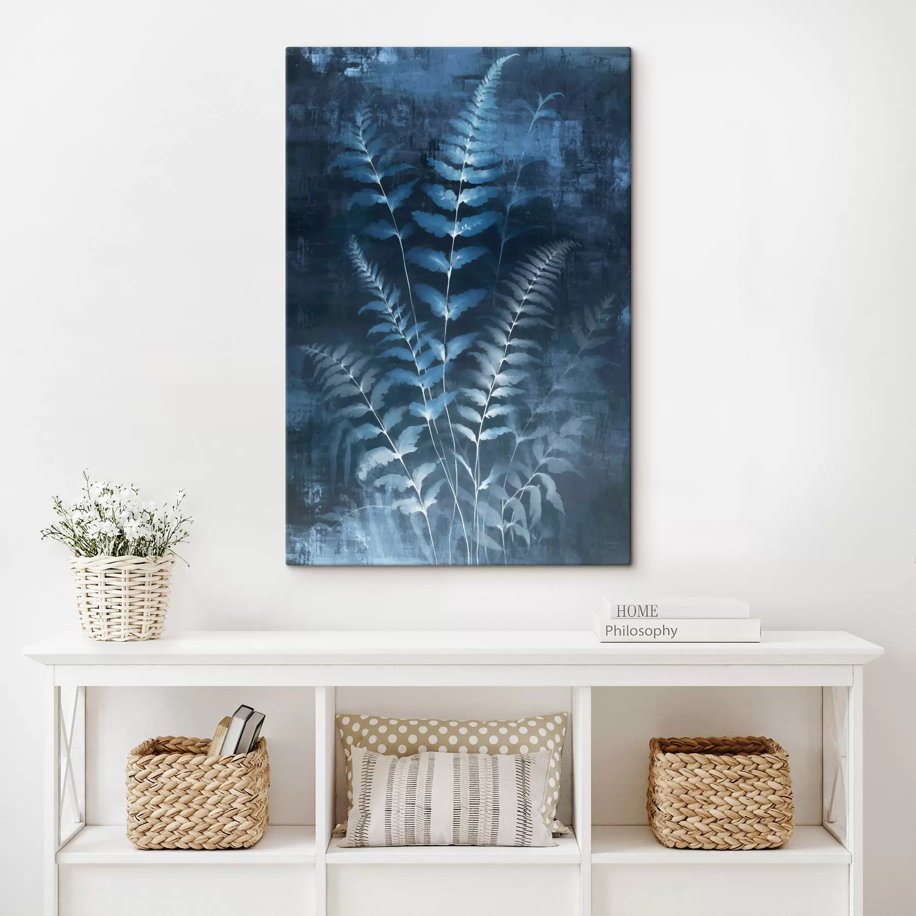 Obraz Niebieskie paprocie i rośliny na ciemnym, teksturowanym tle, z naciskiem na skomplikowane detale, efekt rentgenowski s47027