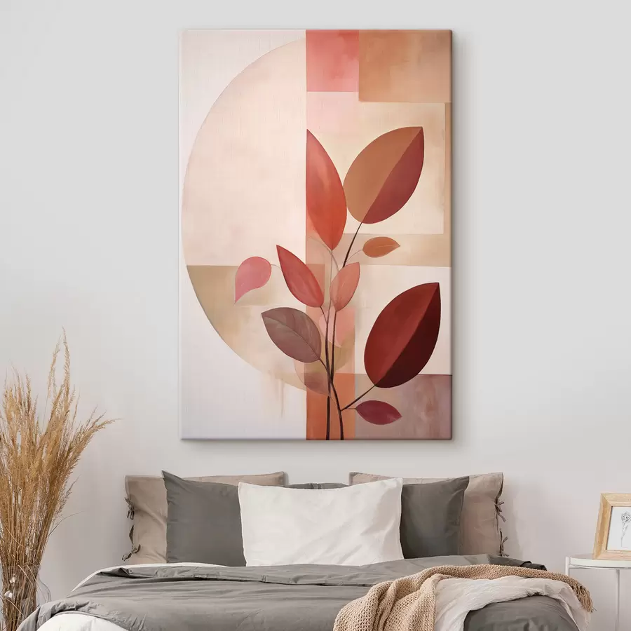 Obraz Abstrakcyjna roślina o czerwonych liściach na tle geometrycznych kształtów i delikatnych, stonowanych kolorów. s47041