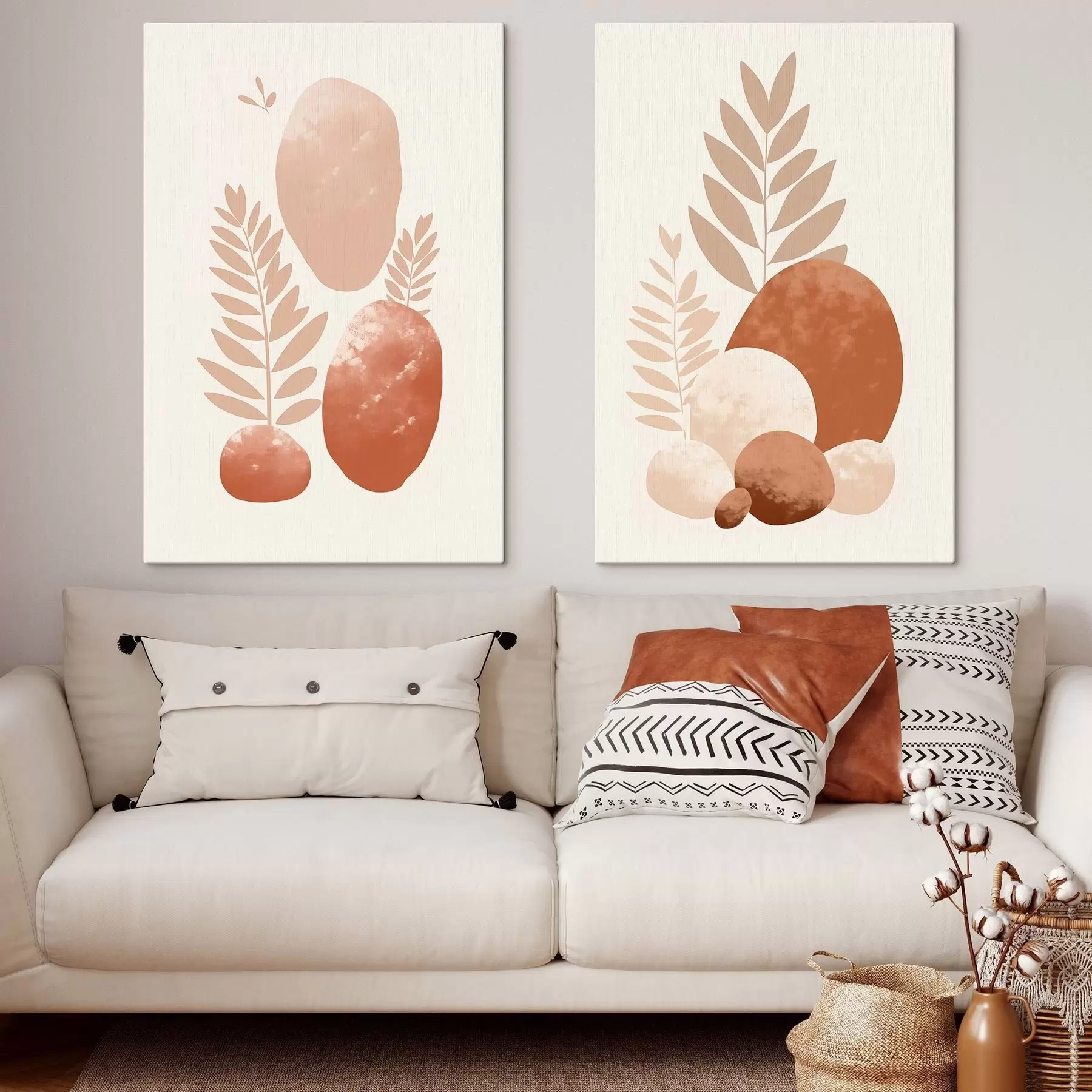 Obraz Abstrakcyjne kształty, kamienie o fakturze i liście w stonowanych odcieniach brzoskwini i terakoty, minimalistyczne, kremowe tło m01114