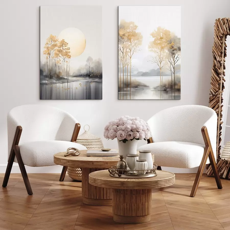 Obraz Dekoracyjny abstrakcyjny krajobraz, wysokie drzewa z żółtymi liśćmi, rzeka i mgła w tle m01115