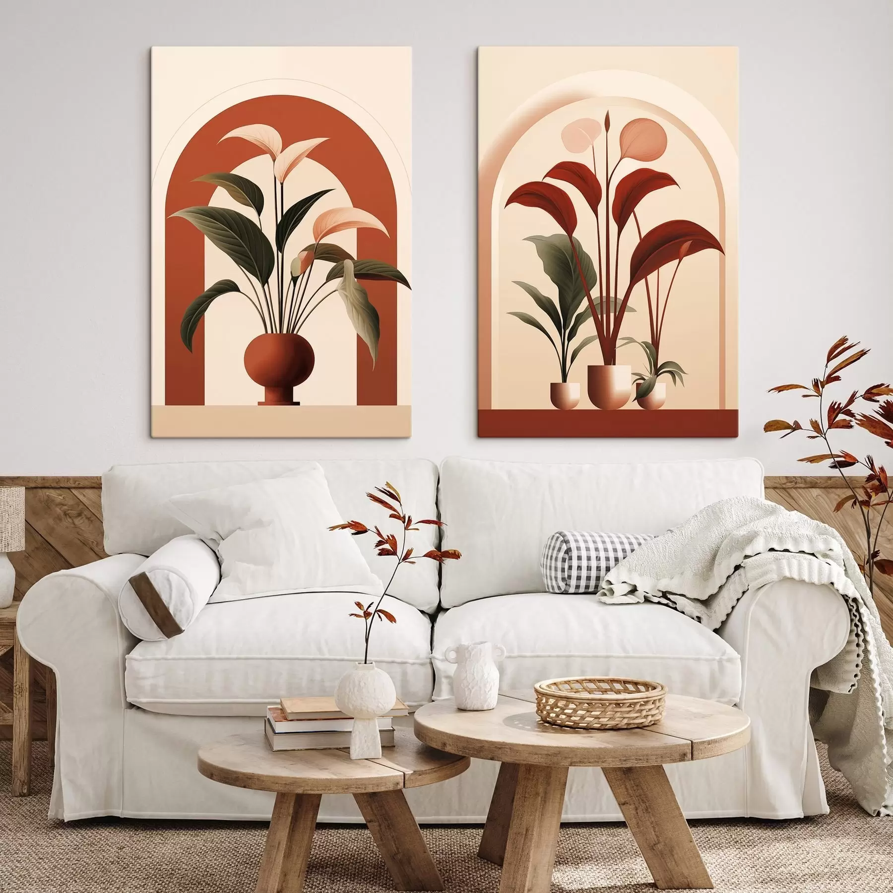 Obraz Abstrakcyjne rośliny doniczkowe z dużymi zielonymi i czerwonymi liśćmi przed kremową bramą łukową m01124