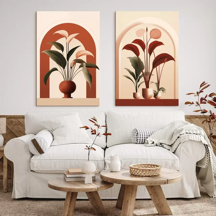 Obraz Abstrakcyjne rośliny doniczkowe z dużymi zielonymi i czerwonymi liśćmi przed kremową bramą łukową. m01124