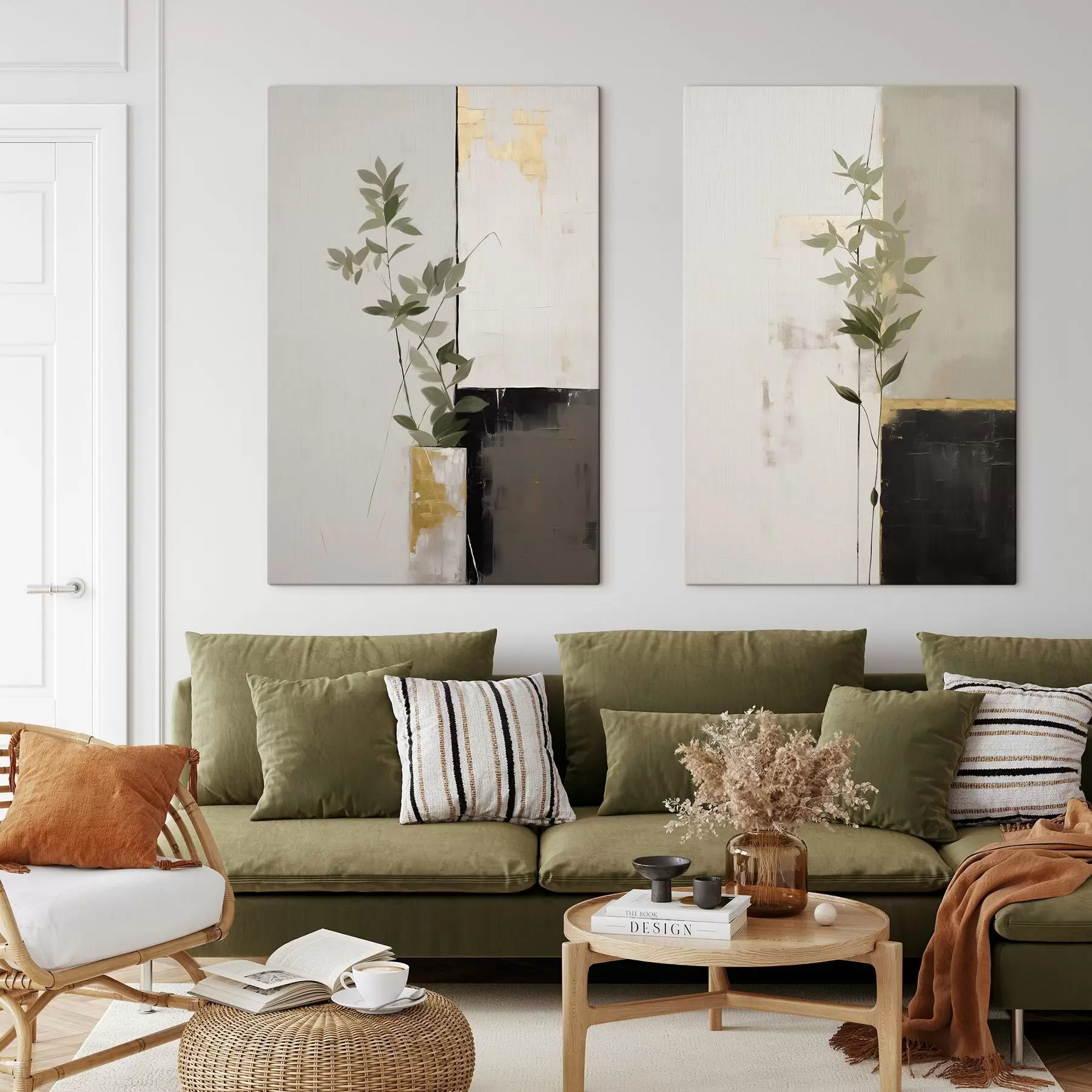 Obraz Minimalistyczny obraz przedstawiający wazon z zielonymi liśćmi na tle abstrakcyjnych geometrycznych kształtów m01126