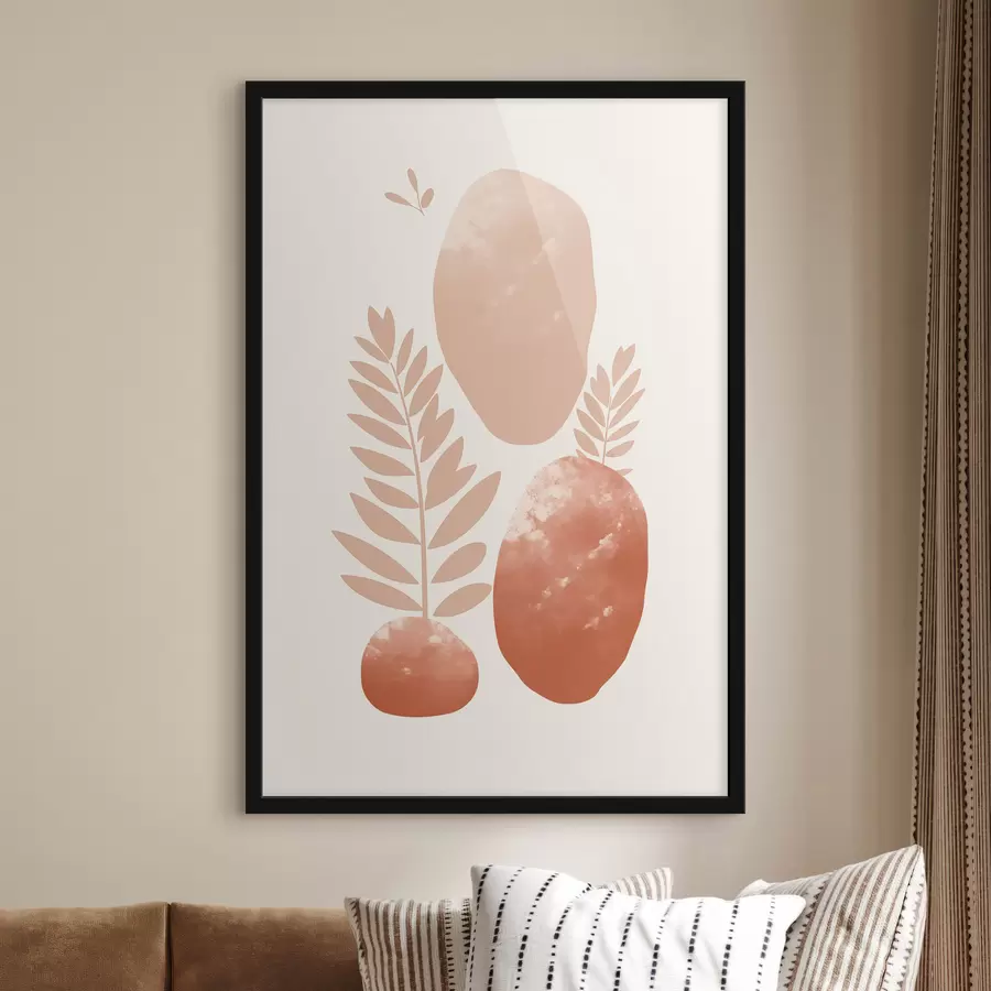 Fototapeta Abstrakcyjne kształty, kamienie o fakturze i liście w stonowanych odcieniach brzoskwini i terakoty, minimalistyczne, kremowe tło. f47012