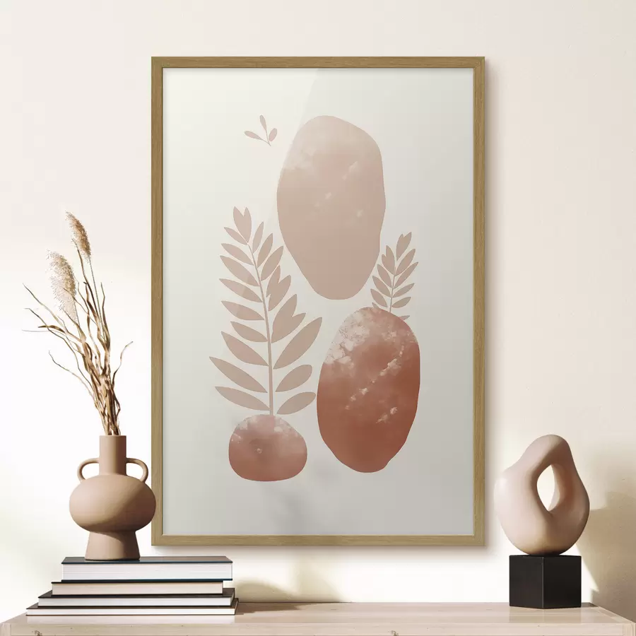 Fototapeta Abstrakcyjne kształty, kamienie o fakturze i liście w stonowanych odcieniach brzoskwini i terakoty, minimalistyczne, kremowe tło f47012