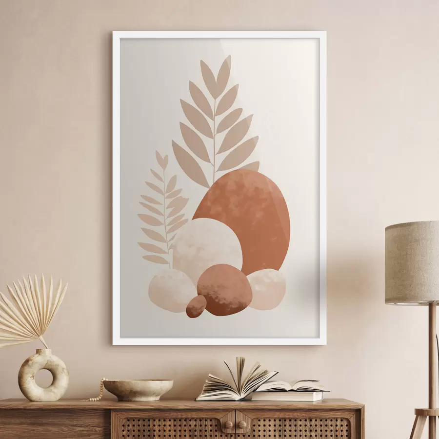 Fototapeta Abstrakcyjne kształty, kamienie o fakturze i liście w stonowanych odcieniach brzoskwini i terakoty, minimalistyczne, kremowe tło. f47013