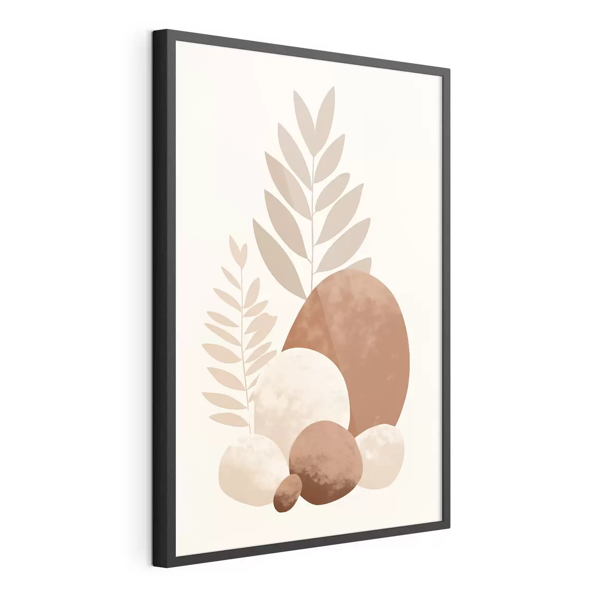 Plakat Abstrakcyjne kształty, kamienie o fakturze i liście w stonowanych odcieniach brzoskwini i terakoty, minimalistyczne, kremowe tło f47013