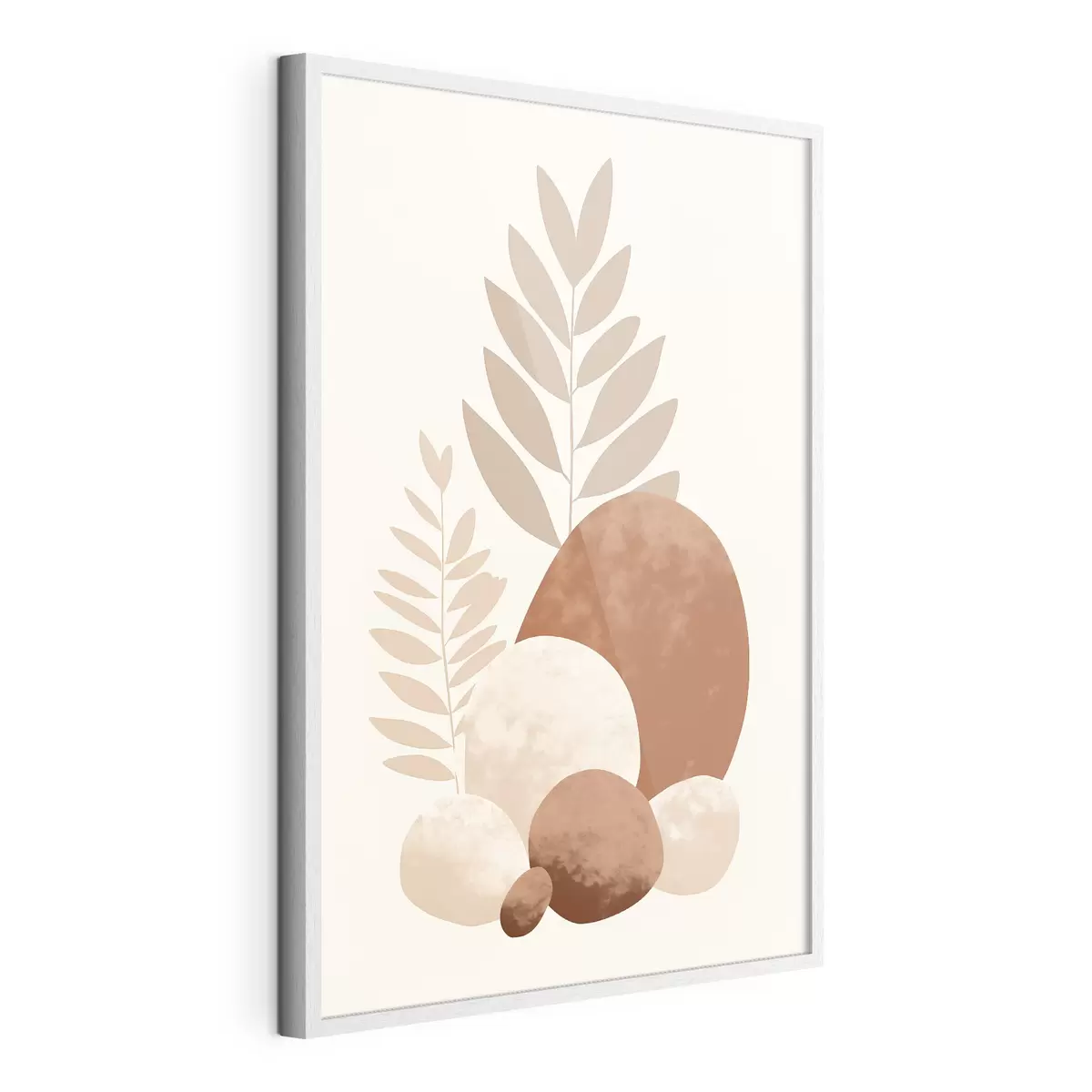 Plakat Abstrakcyjne kształty, kamienie o fakturze i liście w stonowanych odcieniach brzoskwini i terakoty, minimalistyczne, kremowe tło f47013