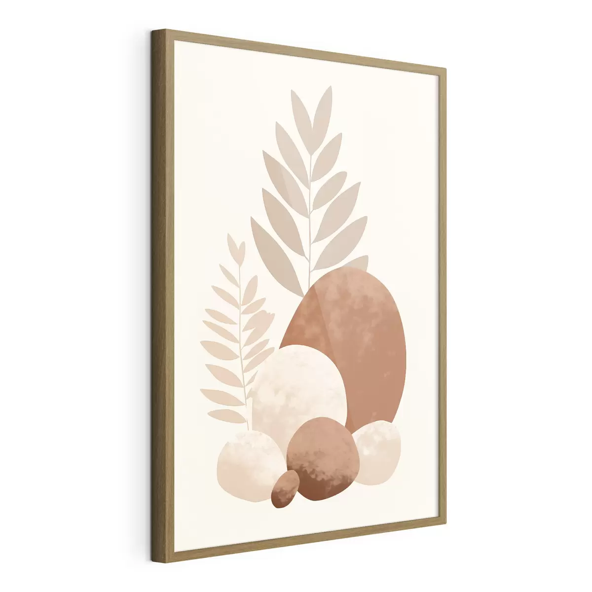 Plakat Abstrakcyjne kształty, kamienie o fakturze i liście w stonowanych odcieniach brzoskwini i terakoty, minimalistyczne, kremowe tło f47013