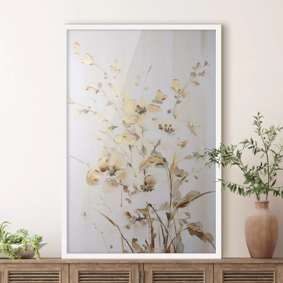 Fototapeta Teksturowane żółte kwiaty i liście na białym tle, z delikatnymi pociągnięciami pędzla f47017