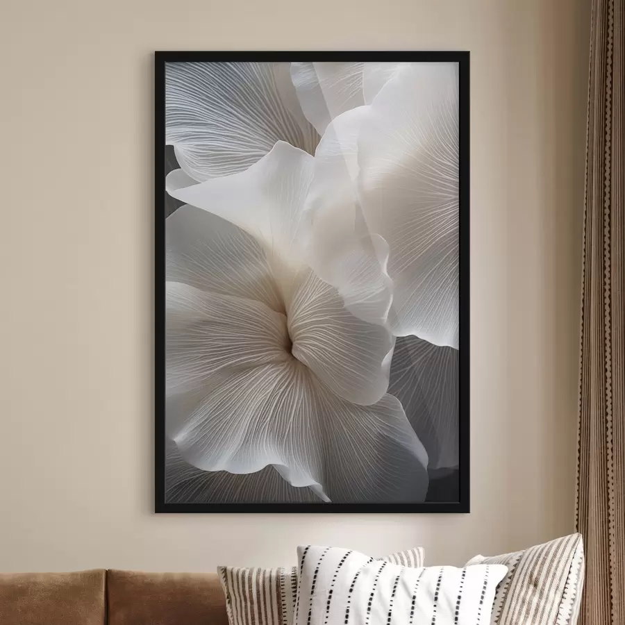 Fototapeta Zbliżenie na delikatne, abstrakcyjne białe płatki kwiatów o skomplikowanych liniach i zamazanym ciemnym tle. f47019