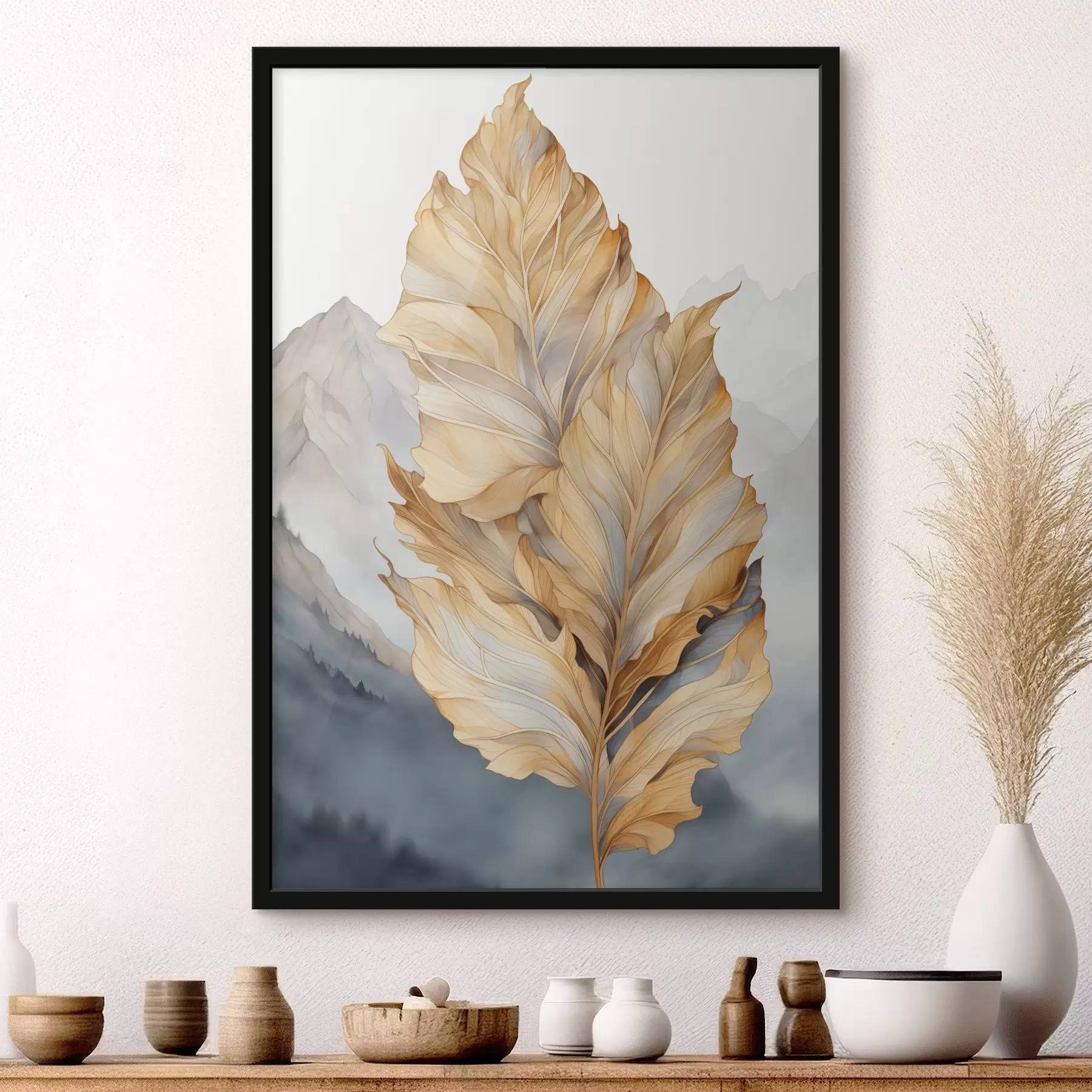 Fototapeta Abstrakcyjne, duże, żółte i brązowe liście o skomplikowanych szczegółach na tle górskiego krajobrazu f47022