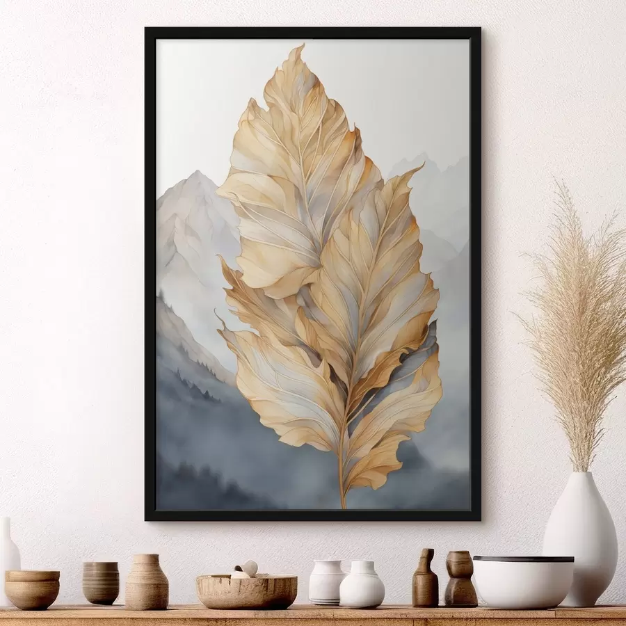 Fototapeta Abstrakcyjne, duże, żółte i brązowe liście o skomplikowanych szczegółach na tle górskiego krajobrazu. f47022