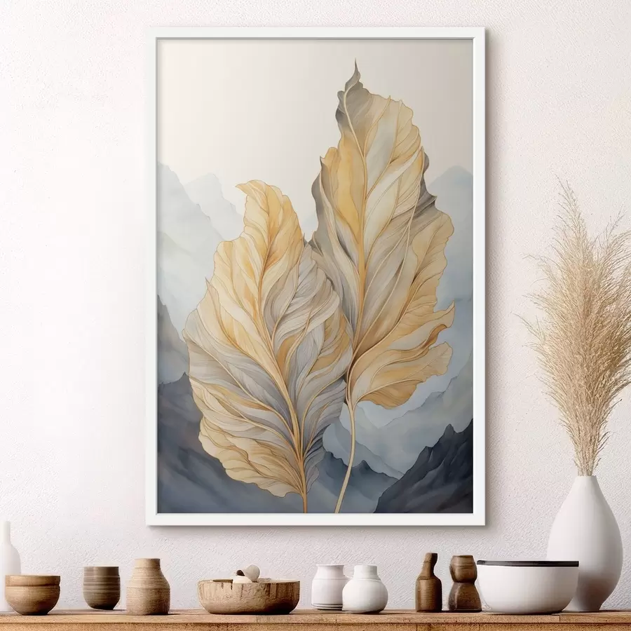 Fototapeta Abstrakcyjne, duże, żółte i brązowe liście o skomplikowanych szczegółach na tle górskiego krajobrazu. f47023