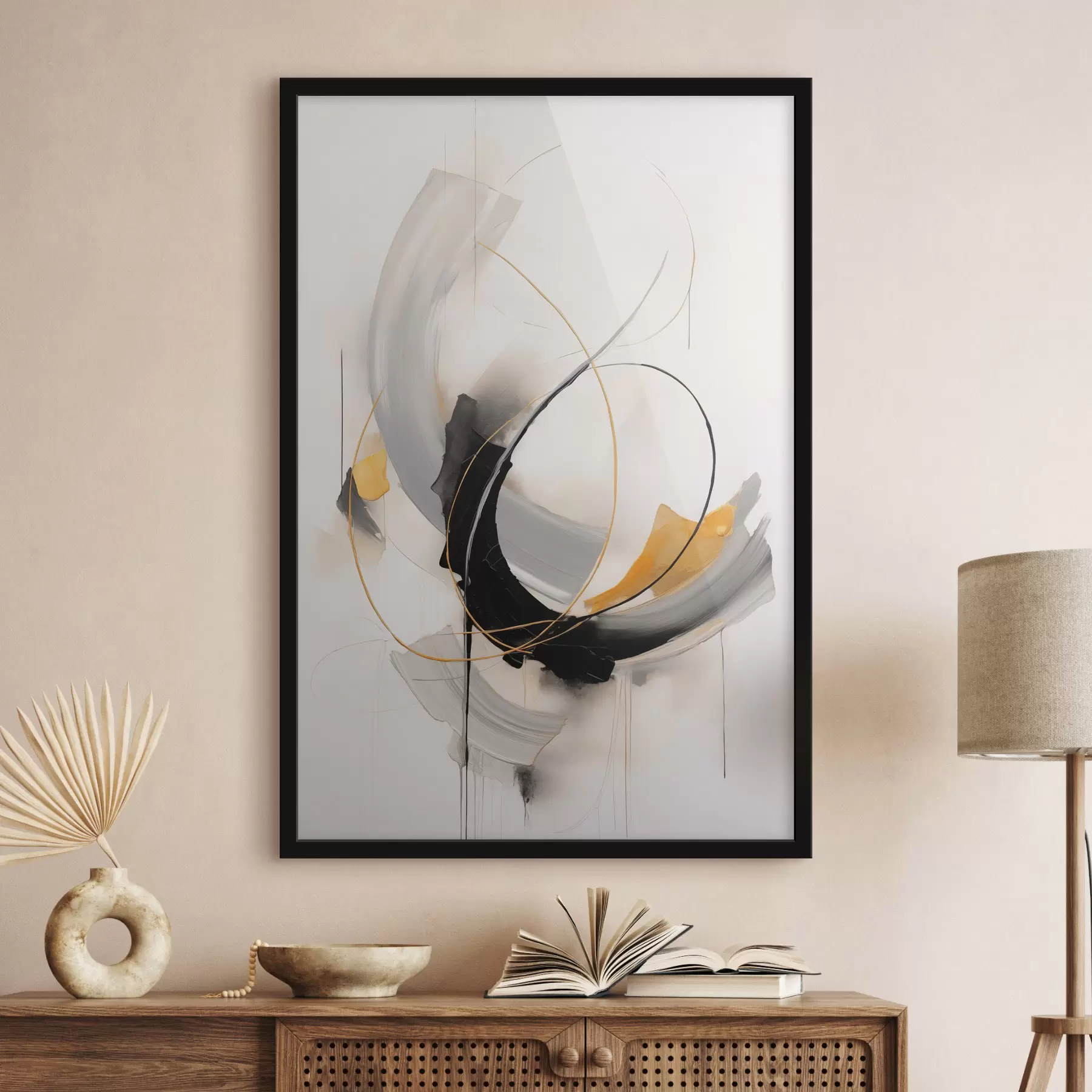 Fototapeta Obraz abstrakcyjny z imitacją żółtych, czarnych i białych pociągnięć pędzla, dynamiczne linie f47035