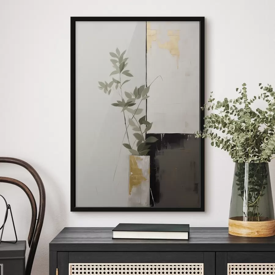 Fototapeta Minimalistyczny obraz przedstawiający wazon z zielonymi liśćmi na tle abstrakcyjnych geometrycznych kształtów. f47036