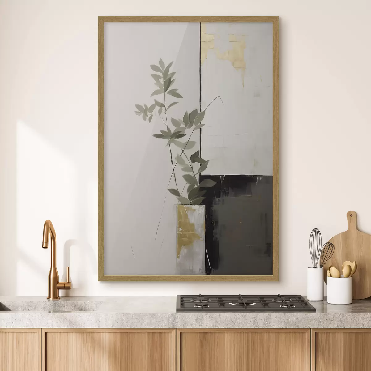 Plakat Minimalistyczny obraz przedstawiający wazon z zielonymi liśćmi na tle abstrakcyjnych geometrycznych kształtów f47036