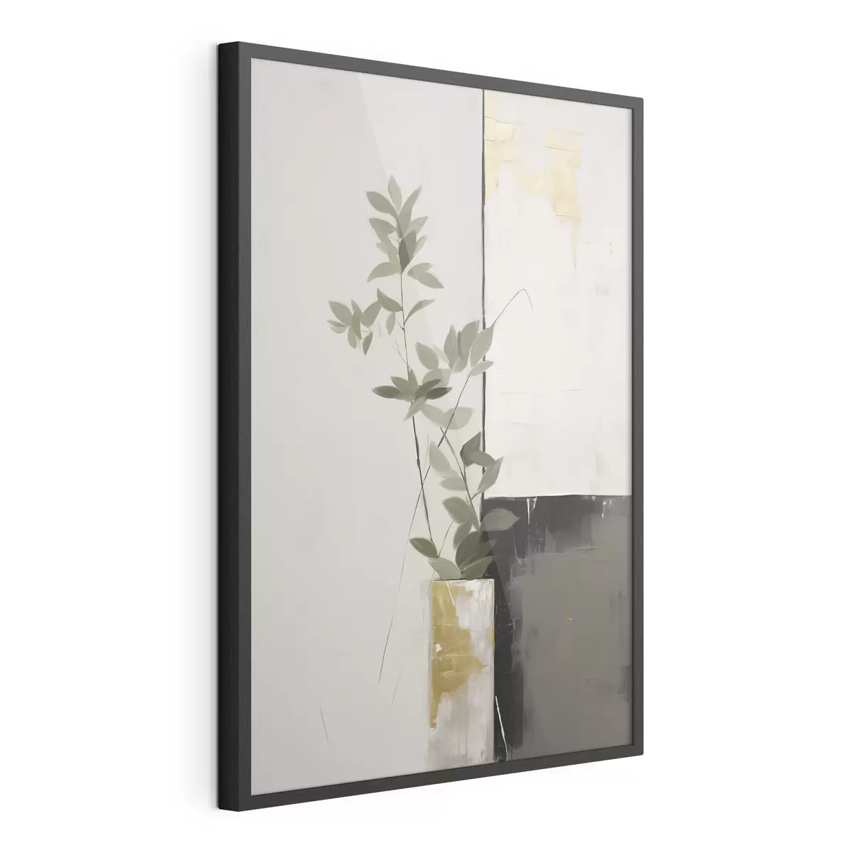 Plakat Minimalistyczny obraz przedstawiający wazon z zielonymi liśćmi na tle abstrakcyjnych geometrycznych kształtów f47036