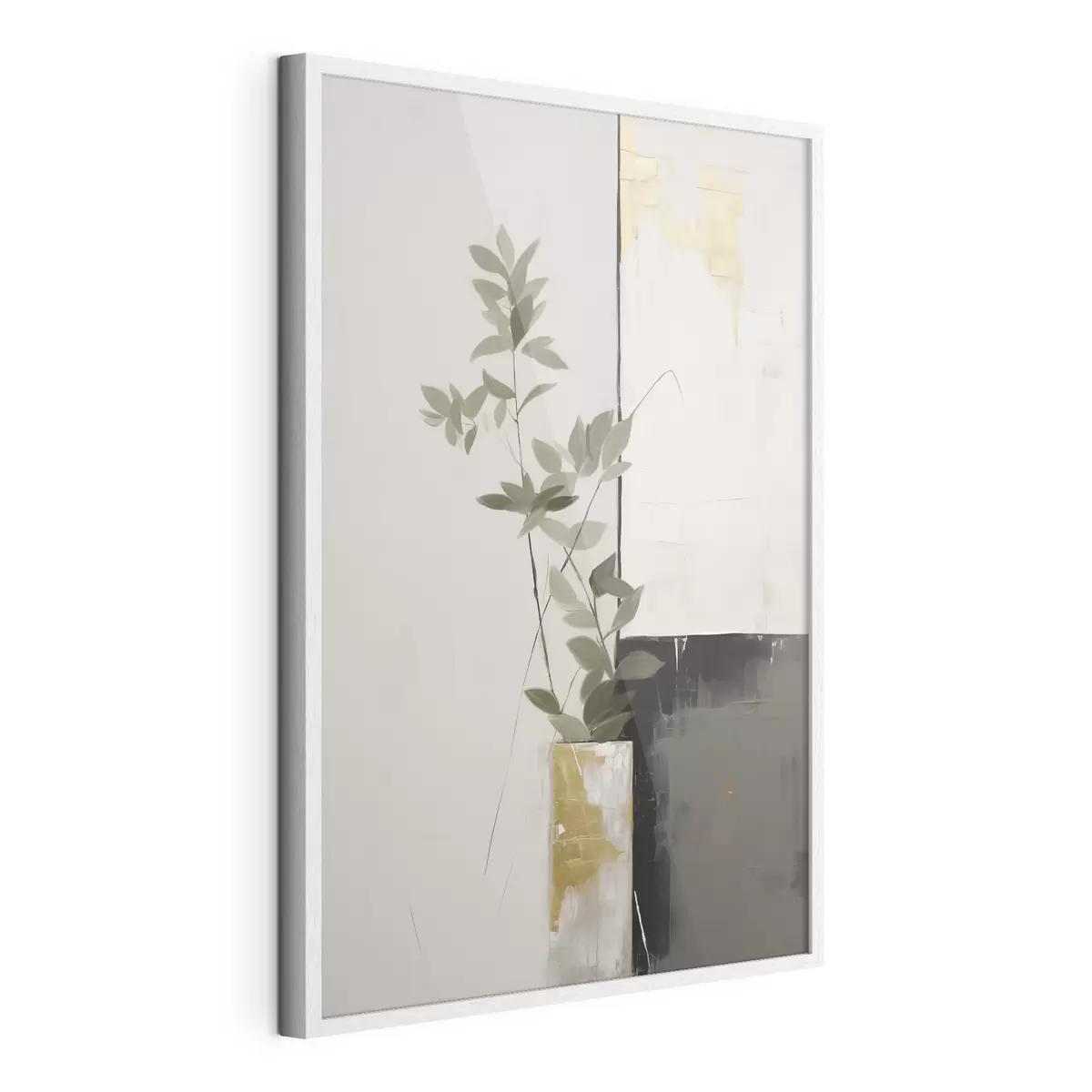 Plakat Minimalistyczny obraz przedstawiający wazon z zielonymi liśćmi na tle abstrakcyjnych geometrycznych kształtów f47036