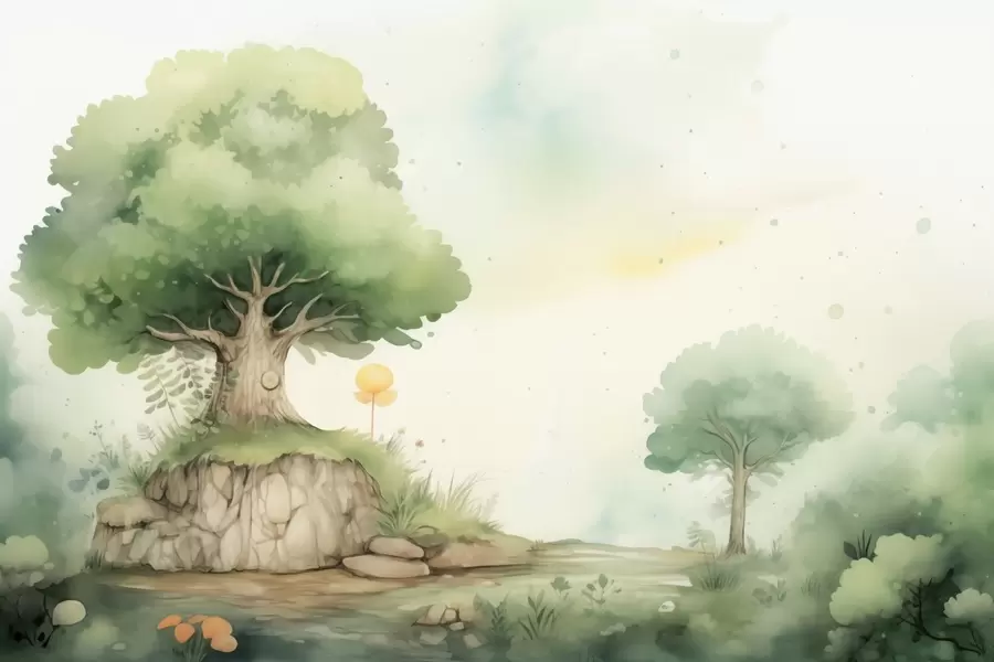 Fototapeta Bajkowy świat dzieciństwa w zielonym lesie, styl akwarelowy w09566