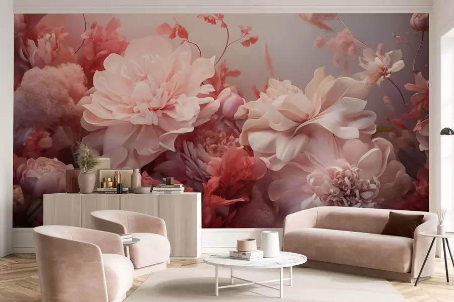 Fototapeta Objętościowe, pudrowo-różowe piwonie w kompozycji kwiatowej w09571