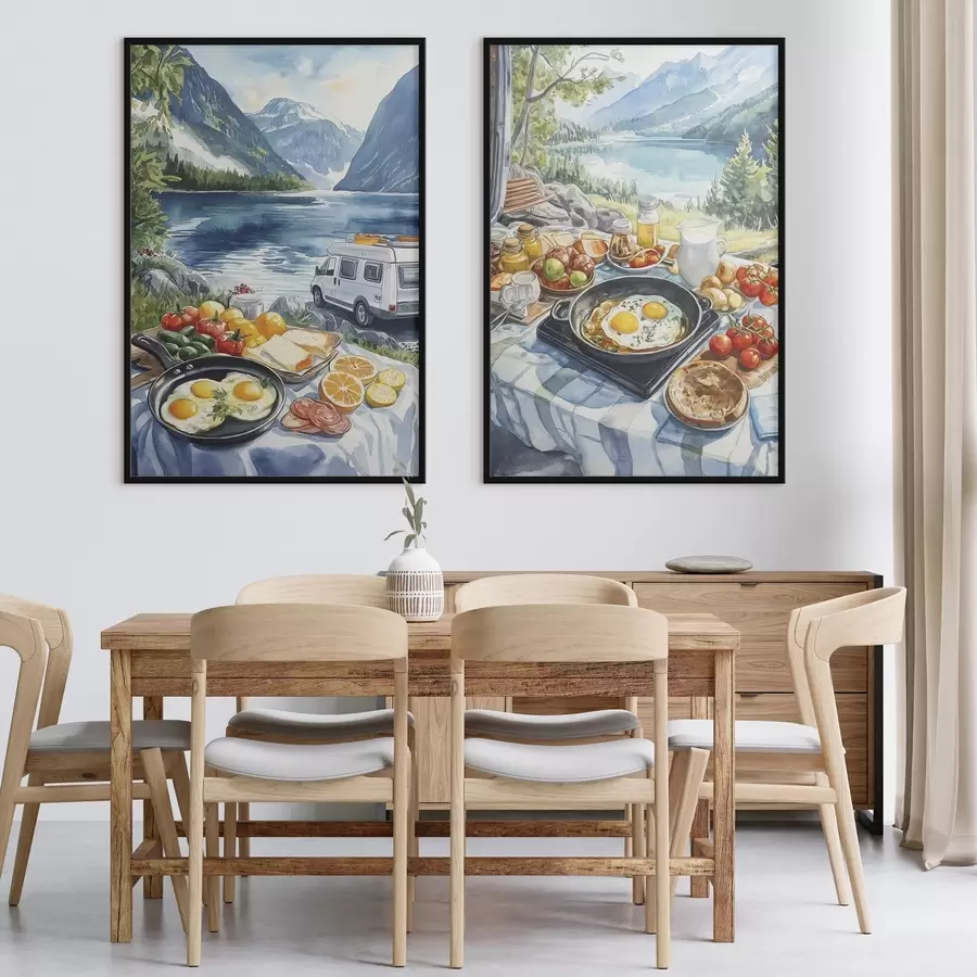 Fototapeta Śniadanie na łonie natury, podróże, życie na świeżym powietrzu, styl akwareli, Norwegia d00404