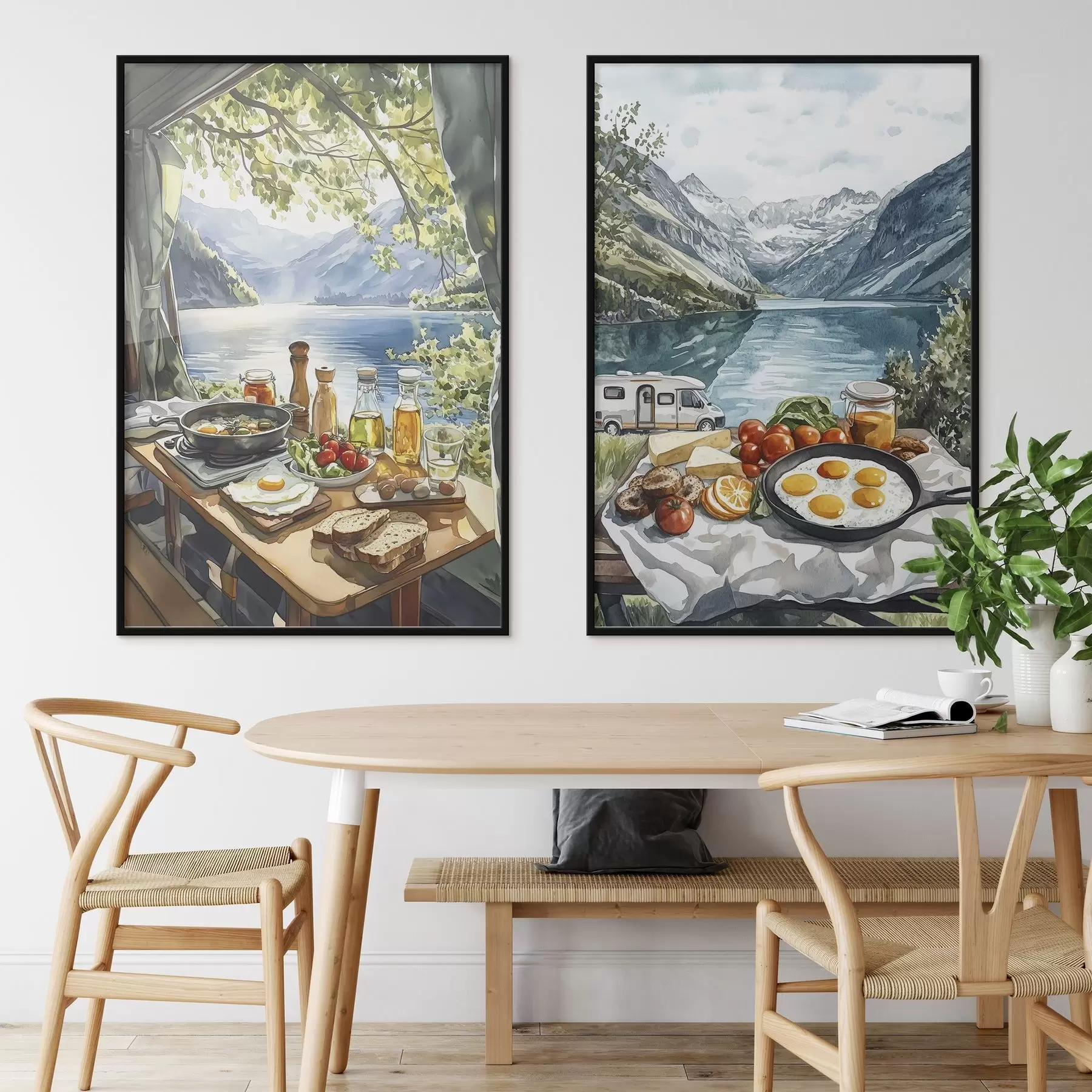 Fototapeta Kemping, estetyczne śniadanie w pobliżu jeziora, styl akwareli d00405