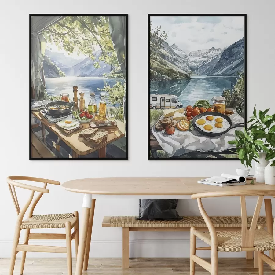 Fototapeta Kemping, estetyczne śniadanie w pobliżu jeziora, styl akwareli d00405