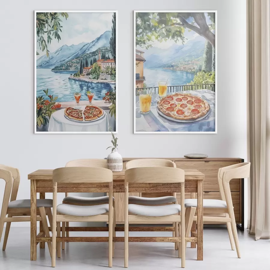 Fototapeta Jezioro Como, brunch we Włoszech, styl akwareli, pizza margarita, letnia natura d00406