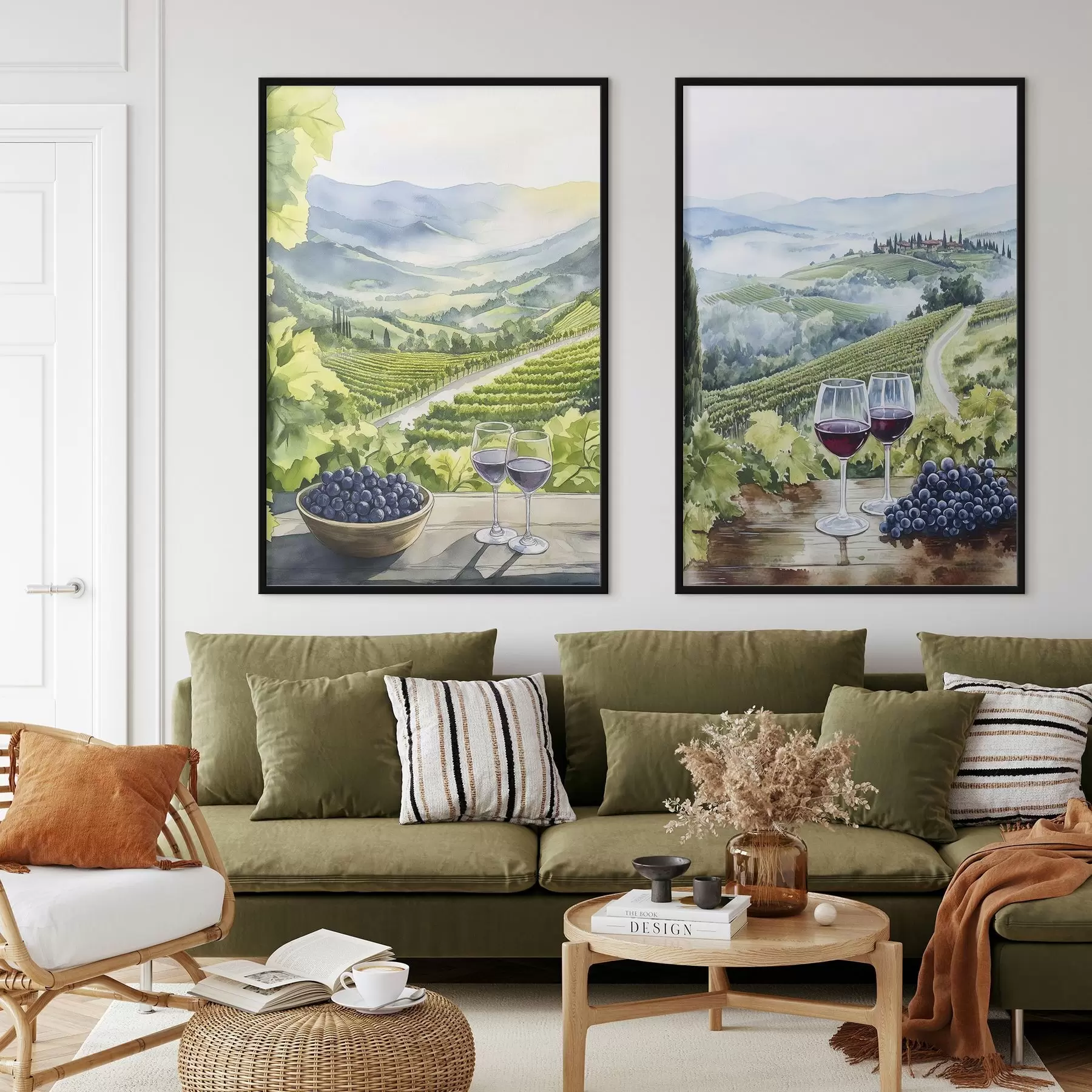 Fototapeta Piękne krajobrazy Toskanii, winnice, kieliszki do wina, styl akwareli, Włochy d00408
