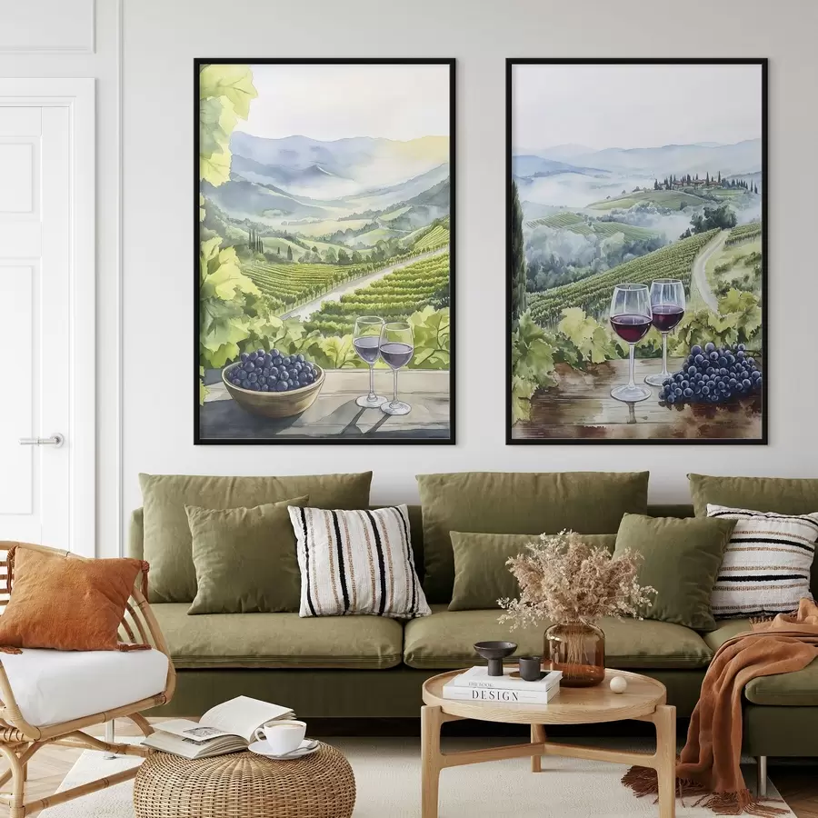 Fototapeta Piękne krajobrazy Toskanii, winnice, kieliszki do wina, styl akwareli, Włochy d00408