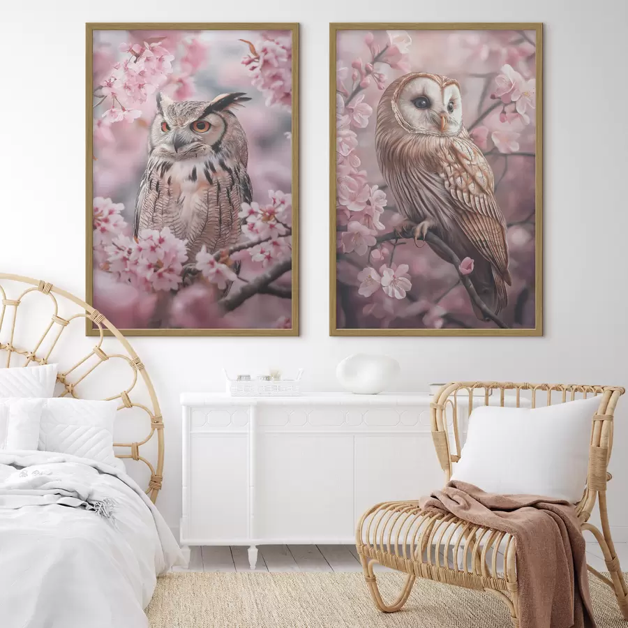 Fototapeta Sowy na wiśni, różowe kwiaty, realizm, natura d00411