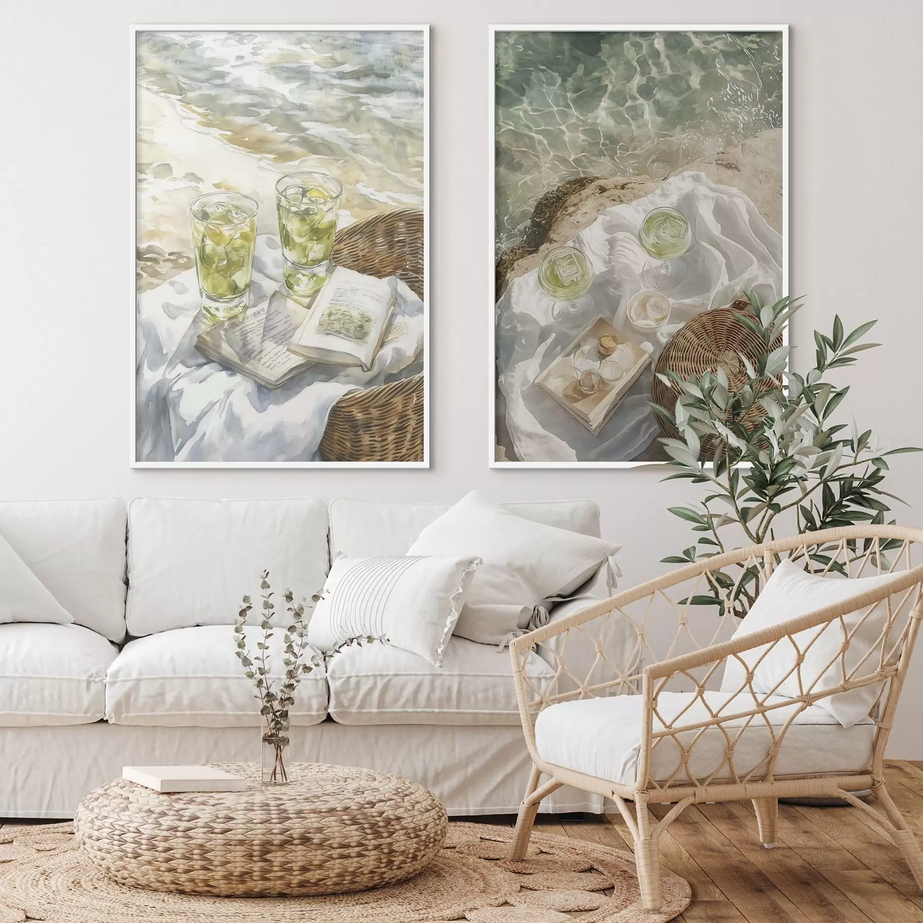 Fototapeta Koktajle na plaży, rysunek w stylu akwareli, ocean, letni piknik d00417