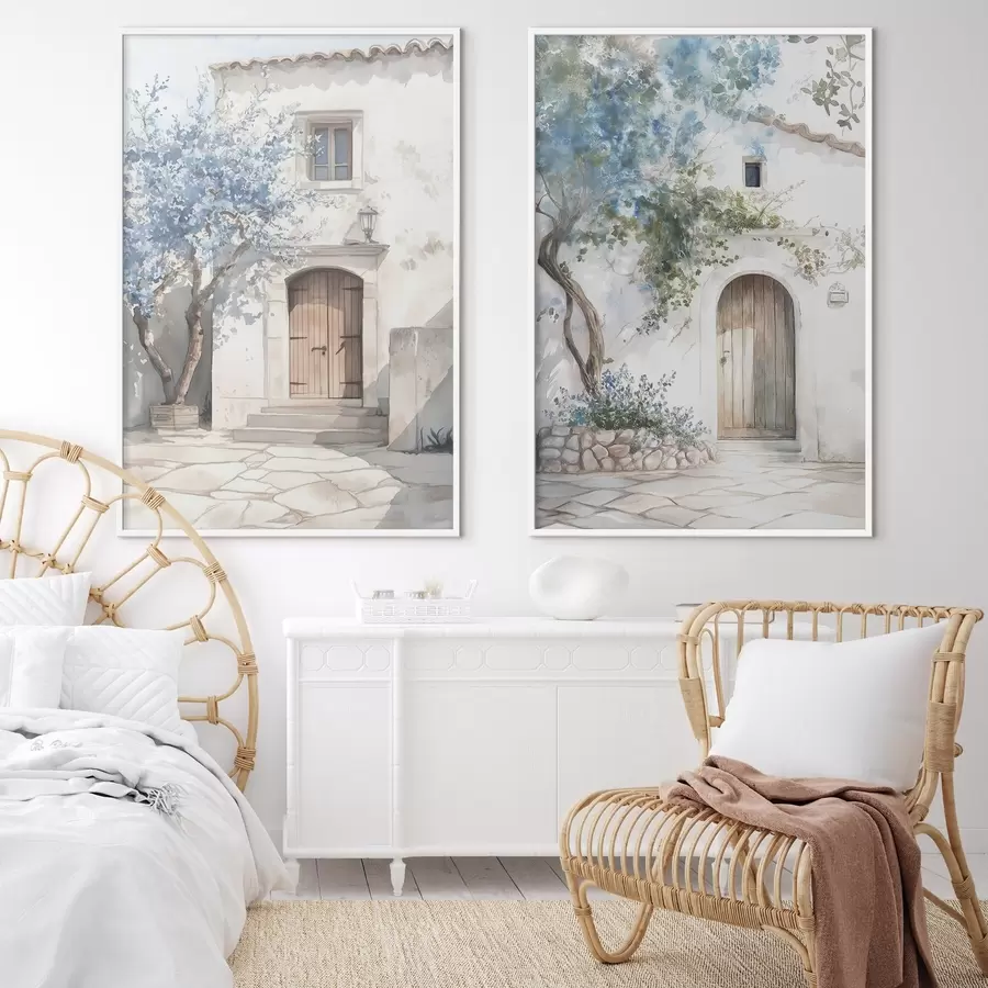 Fototapeta Greckie białe domy z kwitnącymi drzewami, śródziemnomorski, rysunek w stylu akwareli d00419