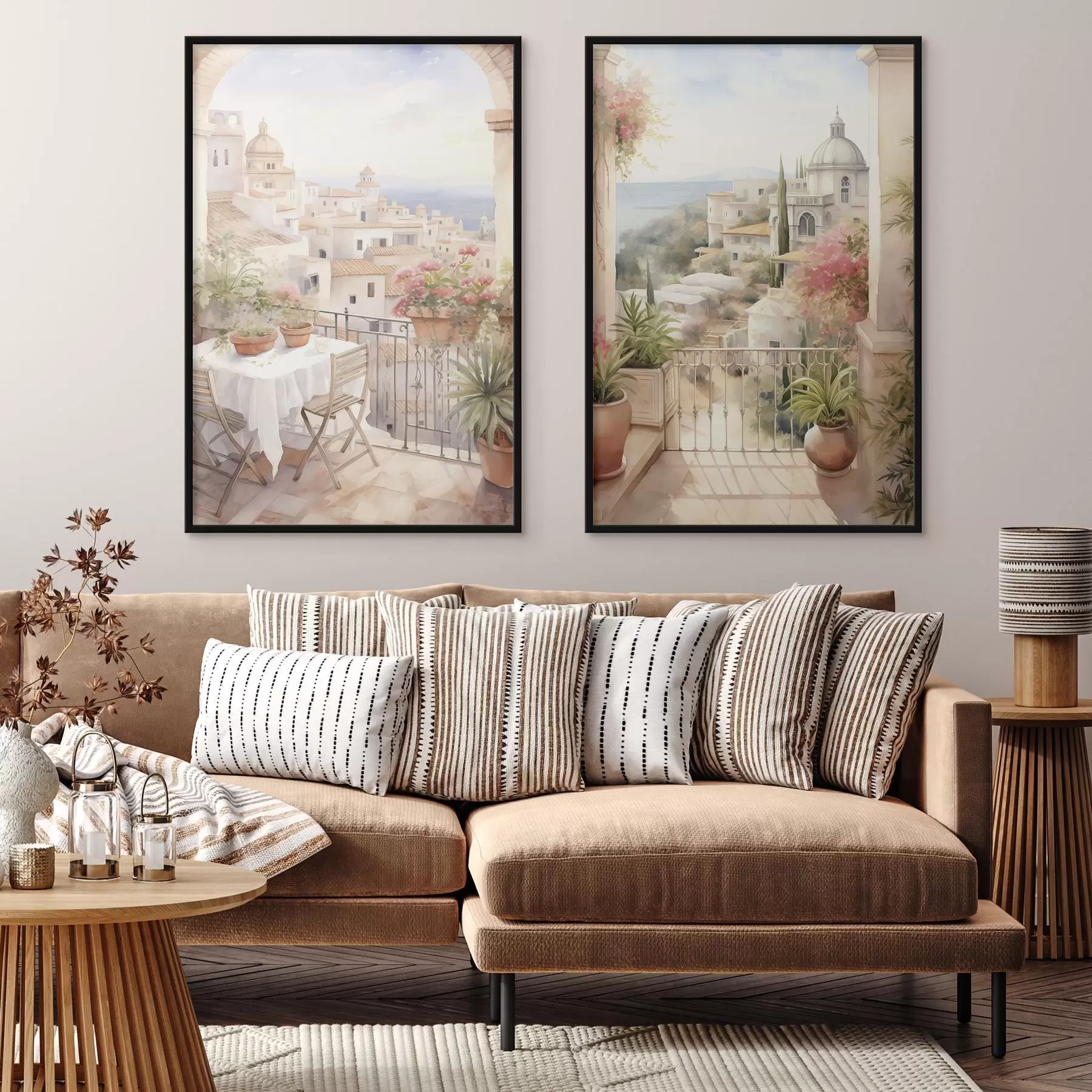 Fototapeta Zachód słońca na balkonie, architektura, kwitnące kwiaty, styl akwareli, śródziemnomorski d00420