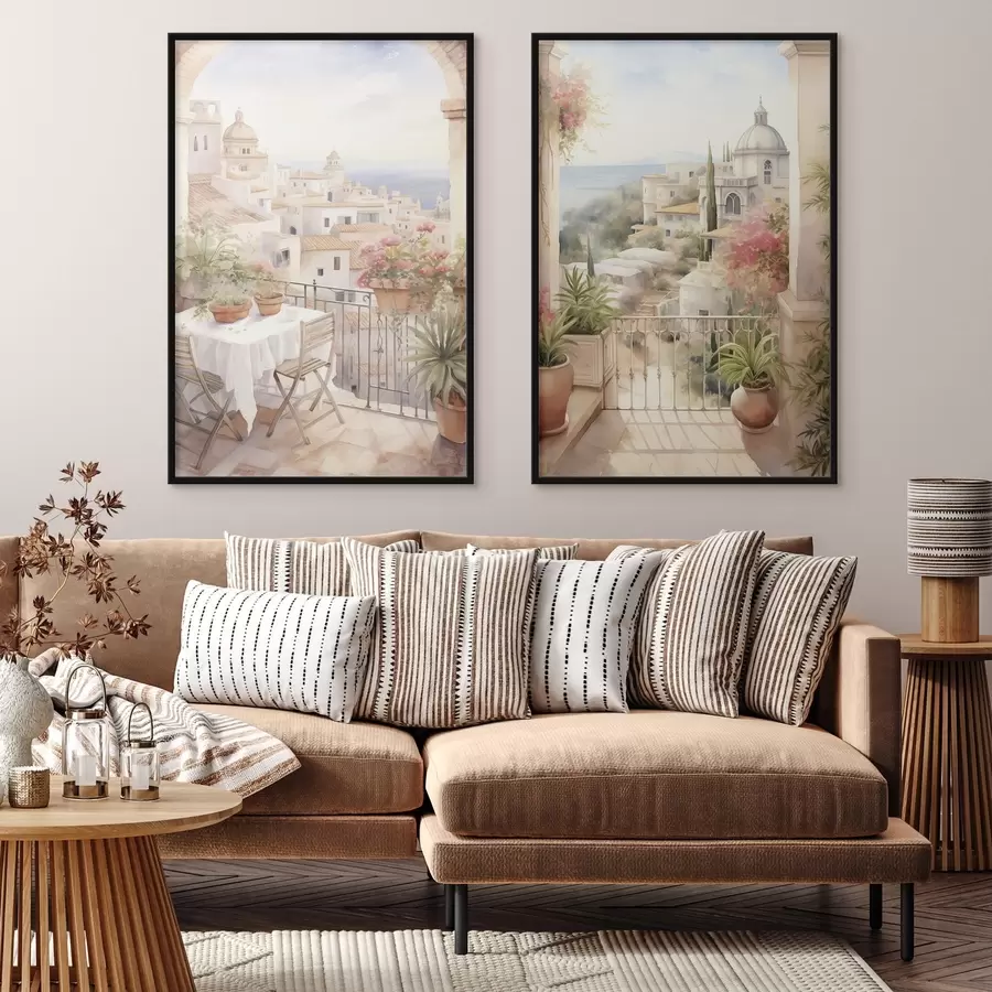 Fototapeta Zachód słońca na balkonie, architektura, kwitnące kwiaty, styl akwareli, śródziemnomorski d00420