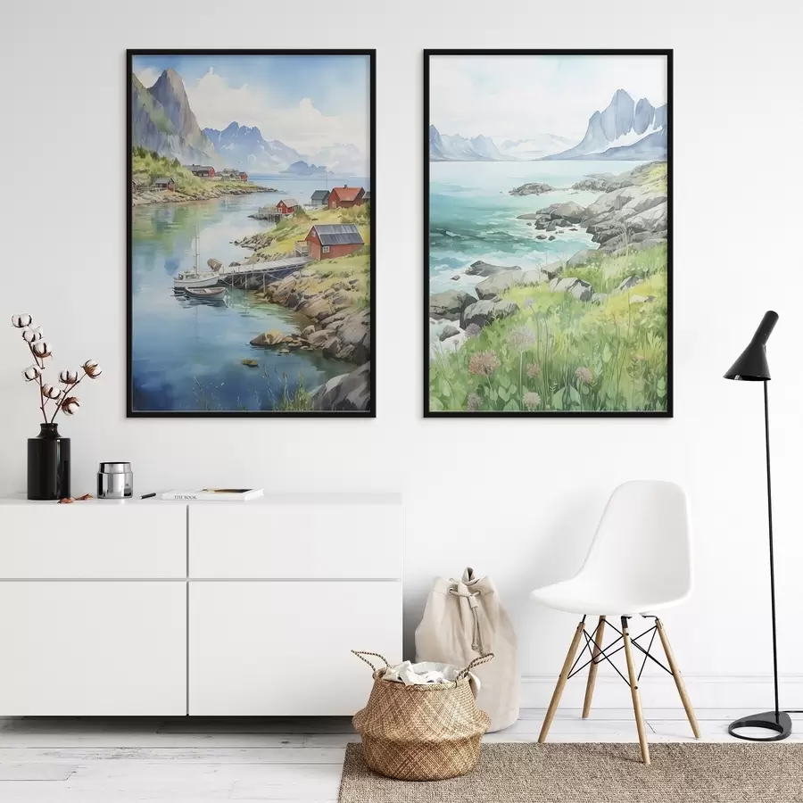 Fototapeta Norwegia przyroda, Lofoty, letni krajobraz, czerwone domy, góry, łodzie d00421