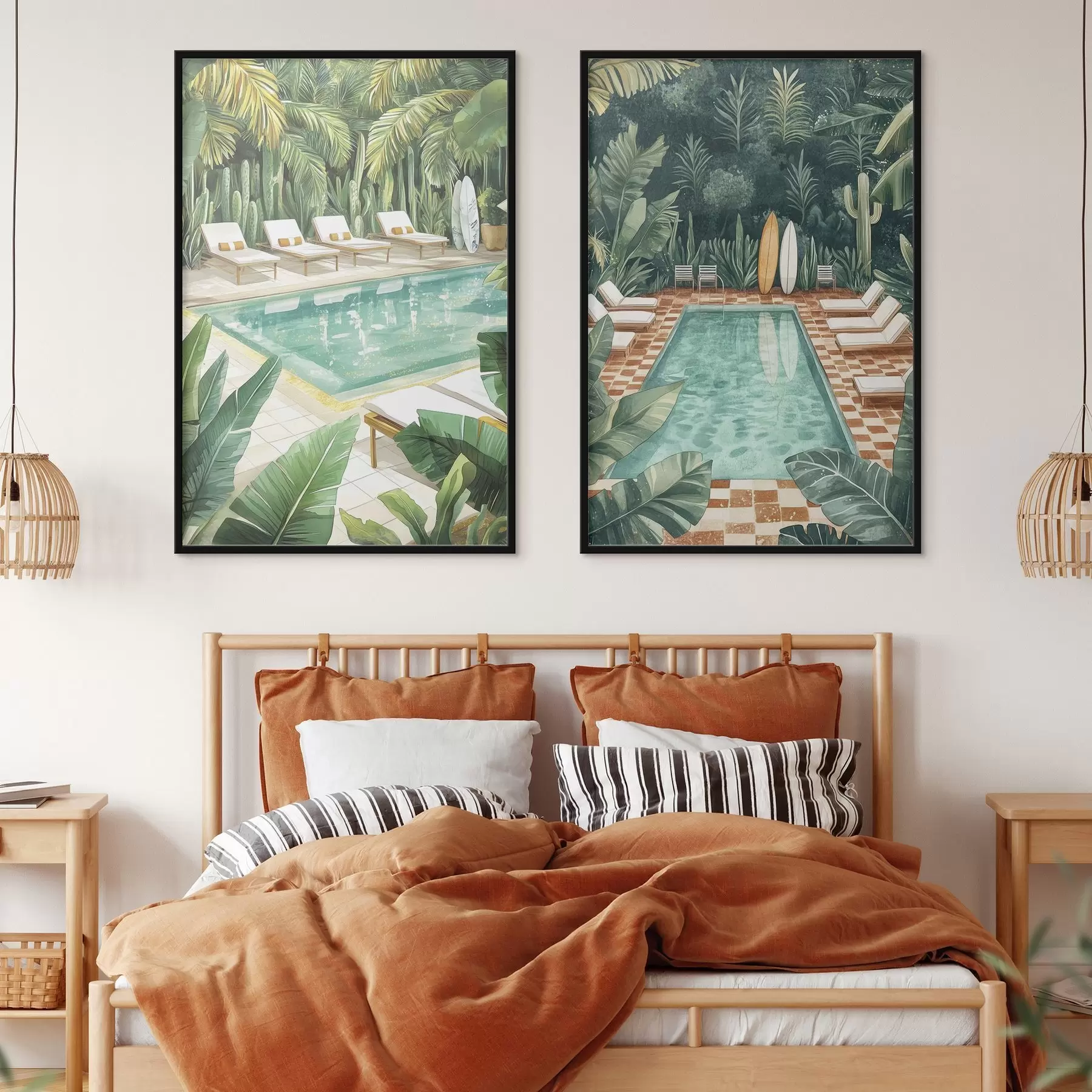 Fototapeta Basen letni, vintage, las tropikalny, zieleń, palmy, styl akwareli d00422