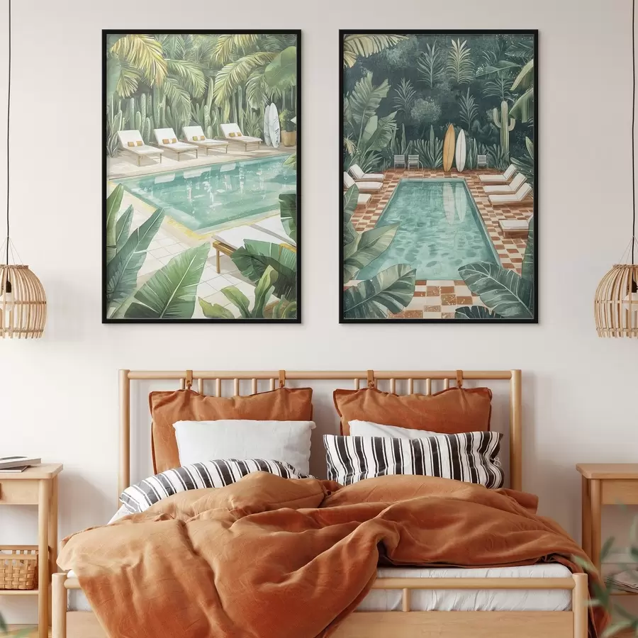 Fototapeta Basen letni, vintage, las tropikalny, zieleń, palmy, styl akwareli d00422