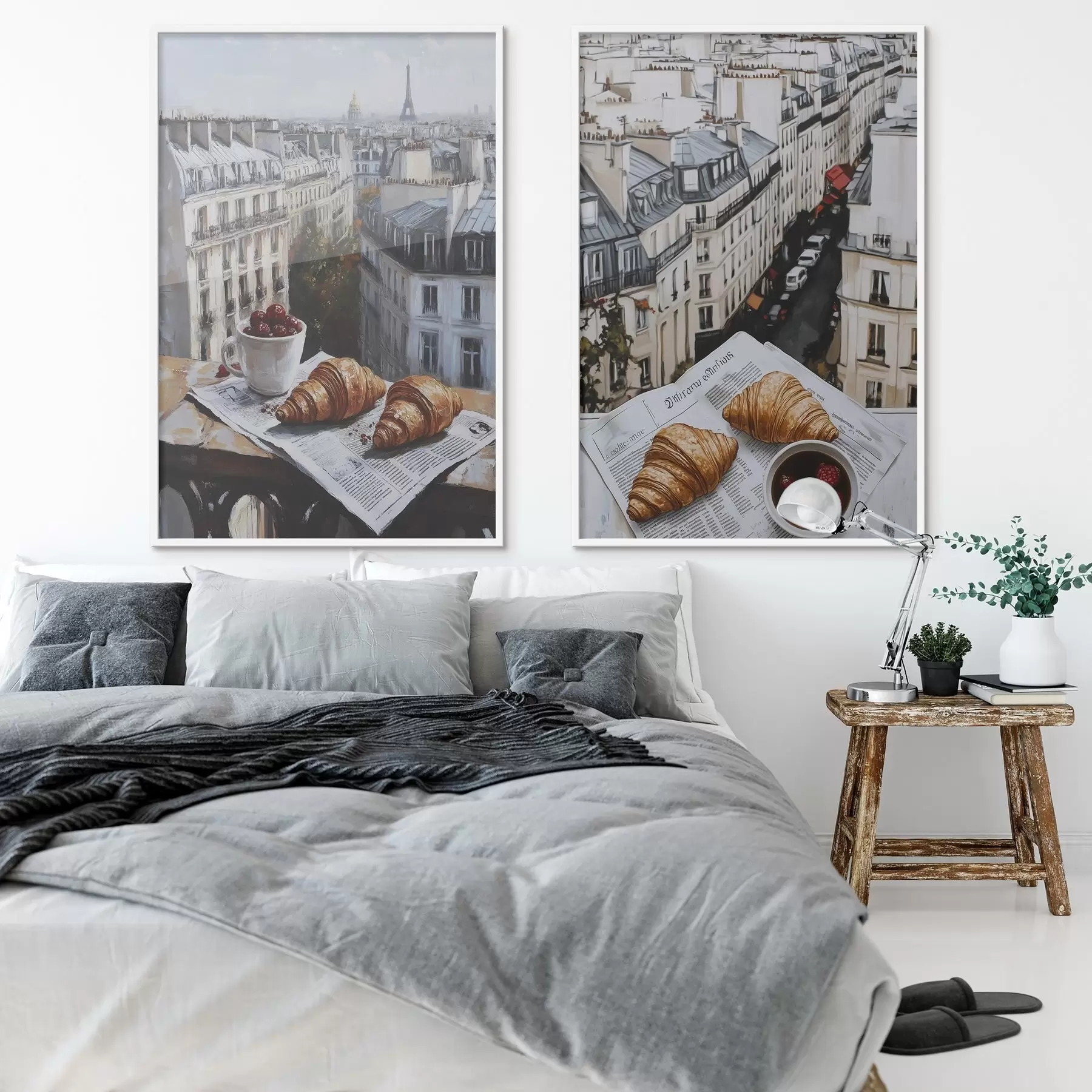 Fototapeta Widok miasta na balkonie w Paryżu, wieża Eiffla, truskawki, kawa, dziennik d00445