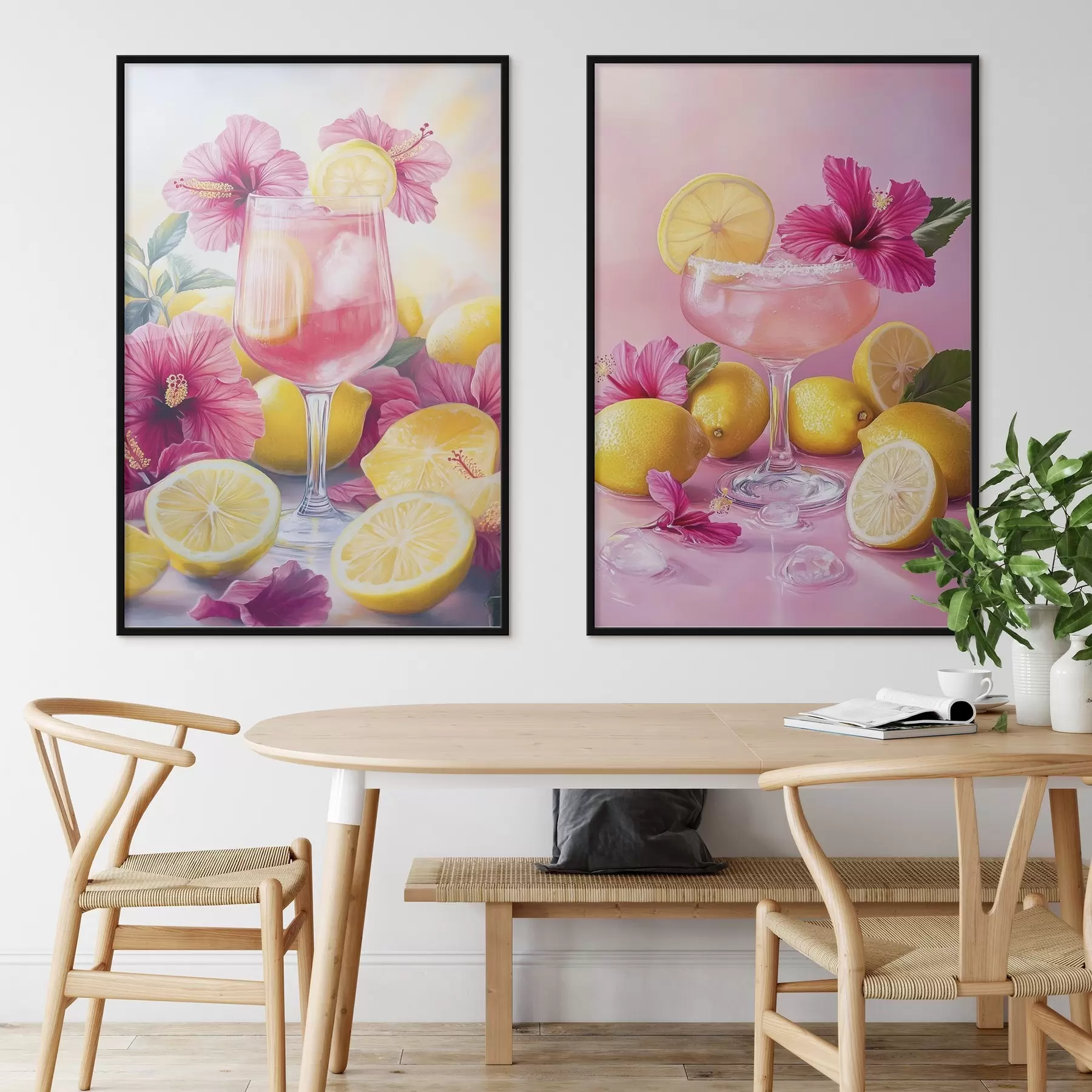 Fototapeta Koktajle z kwiatami hibiskusa i cytrynami, letnie, soczyste, w stylu akwareli d00446