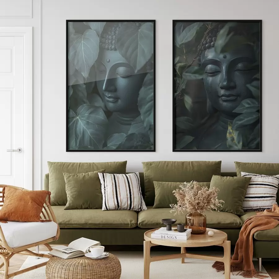 Fototapeta Medytacyjny Budda w zielonych liściach, buddyzm, tropikalny, realizm d00447