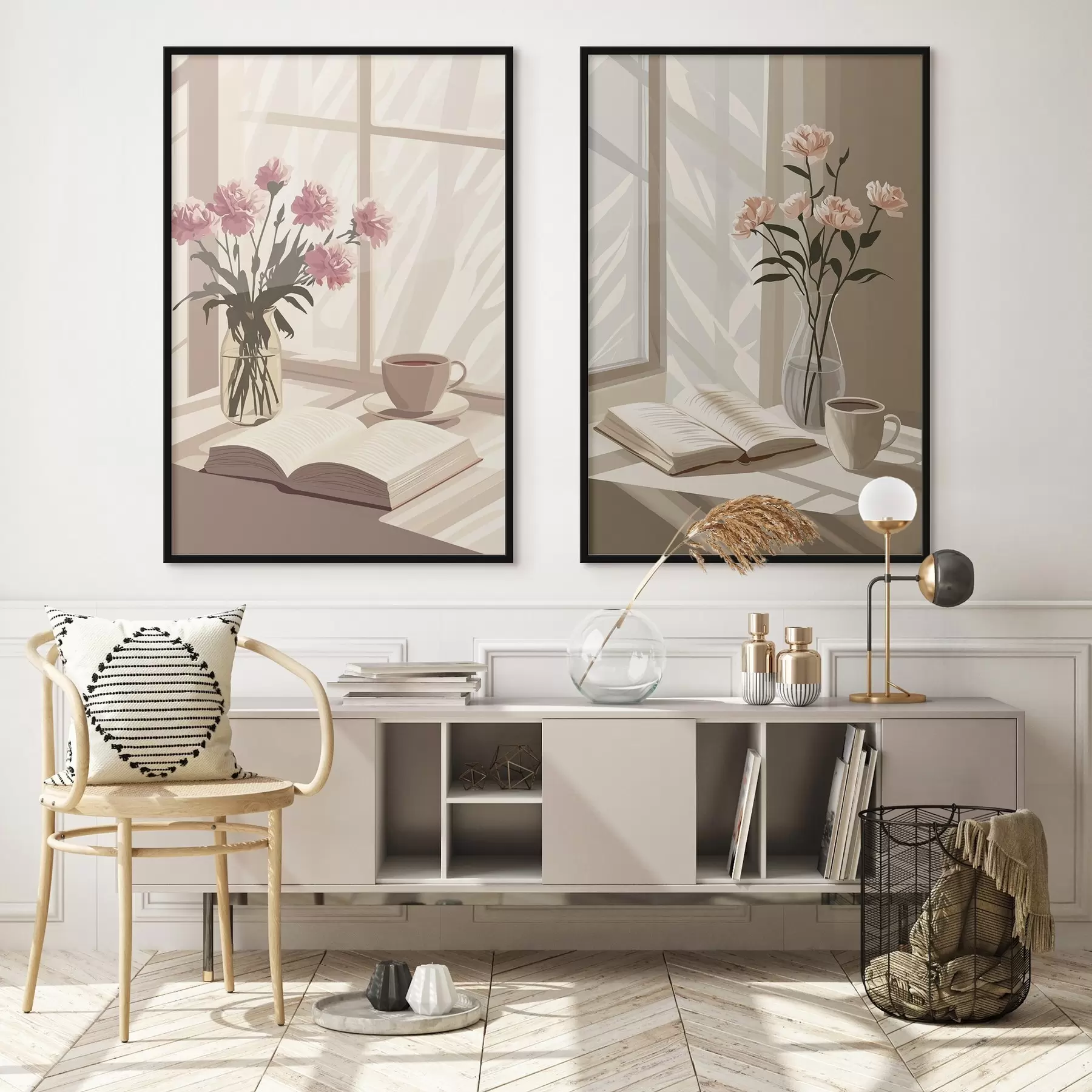 Fototapeta Abstrakcja, poranna estetyka, filiżanka kawy, książka, kwiaty d00448