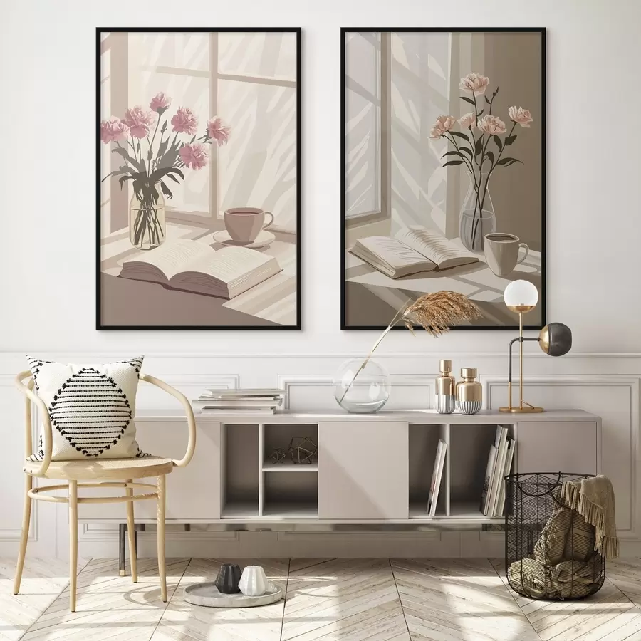 Fototapeta Abstrakcja, poranna estetyka, filiżanka kawy, książka, kwiaty d00448
