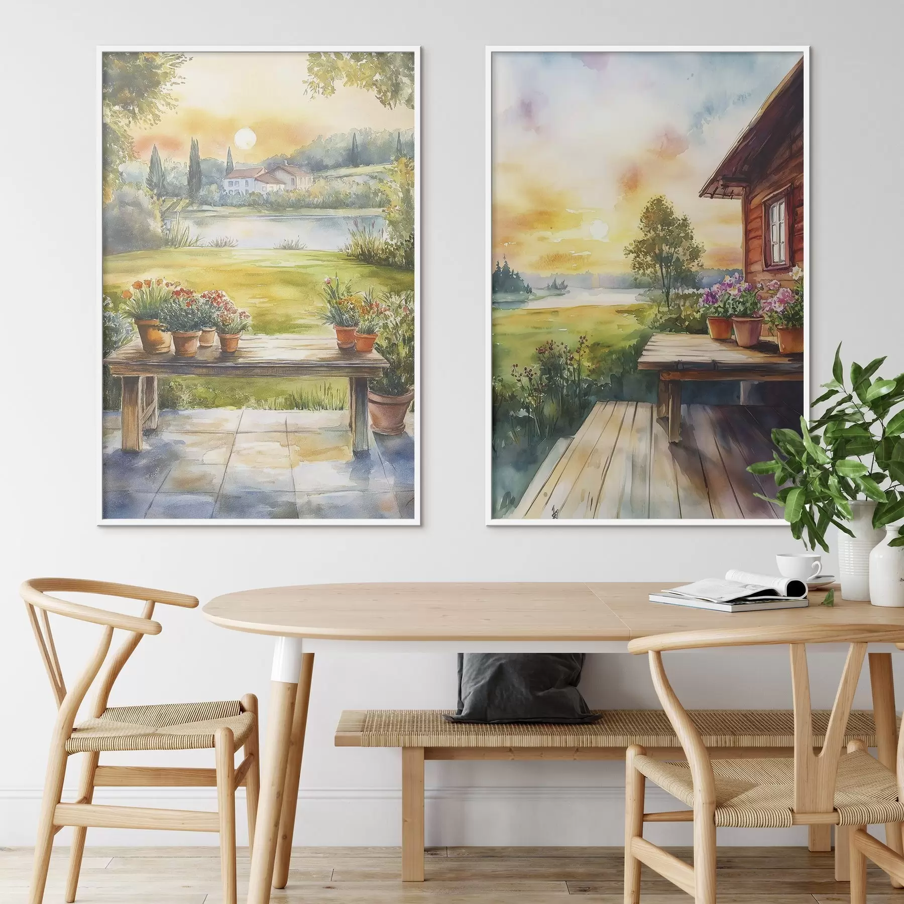 Fototapeta Letnia wioska, zachód słońca, rustykalny, kwiaty, jezioro, styl akwareli d00449