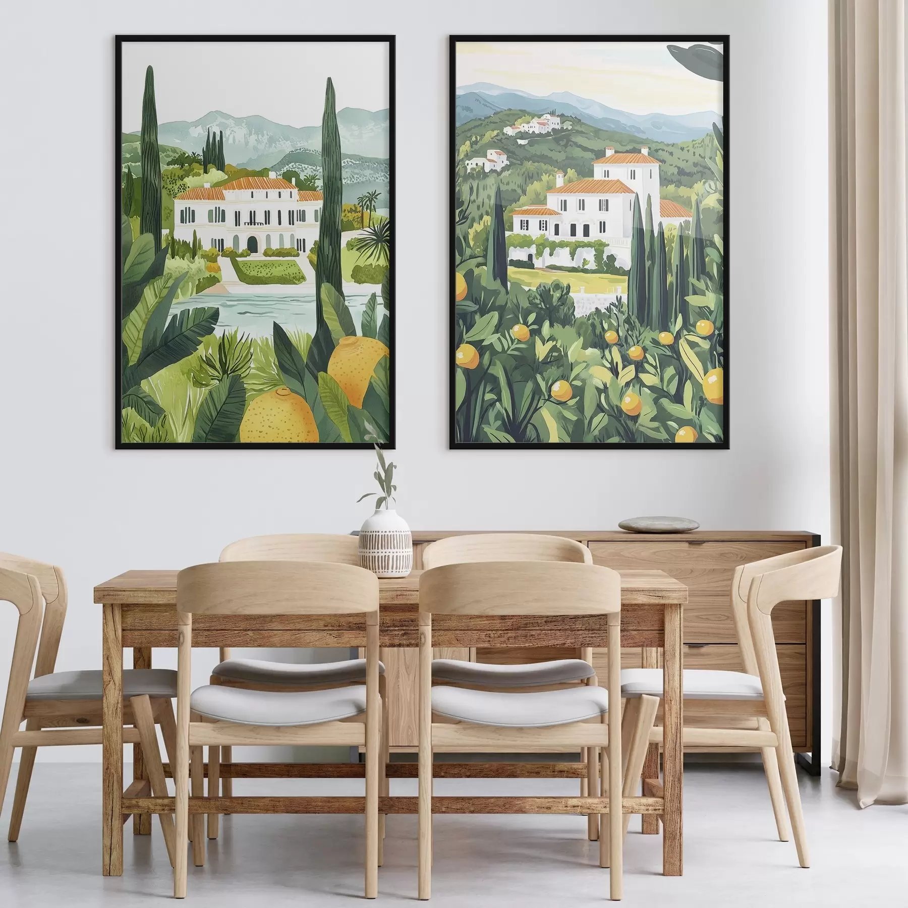 Fototapeta Śródziemnomorskie krajobrazy z drzewami i domami, wybrzeże morskie, Hiszpania d00450