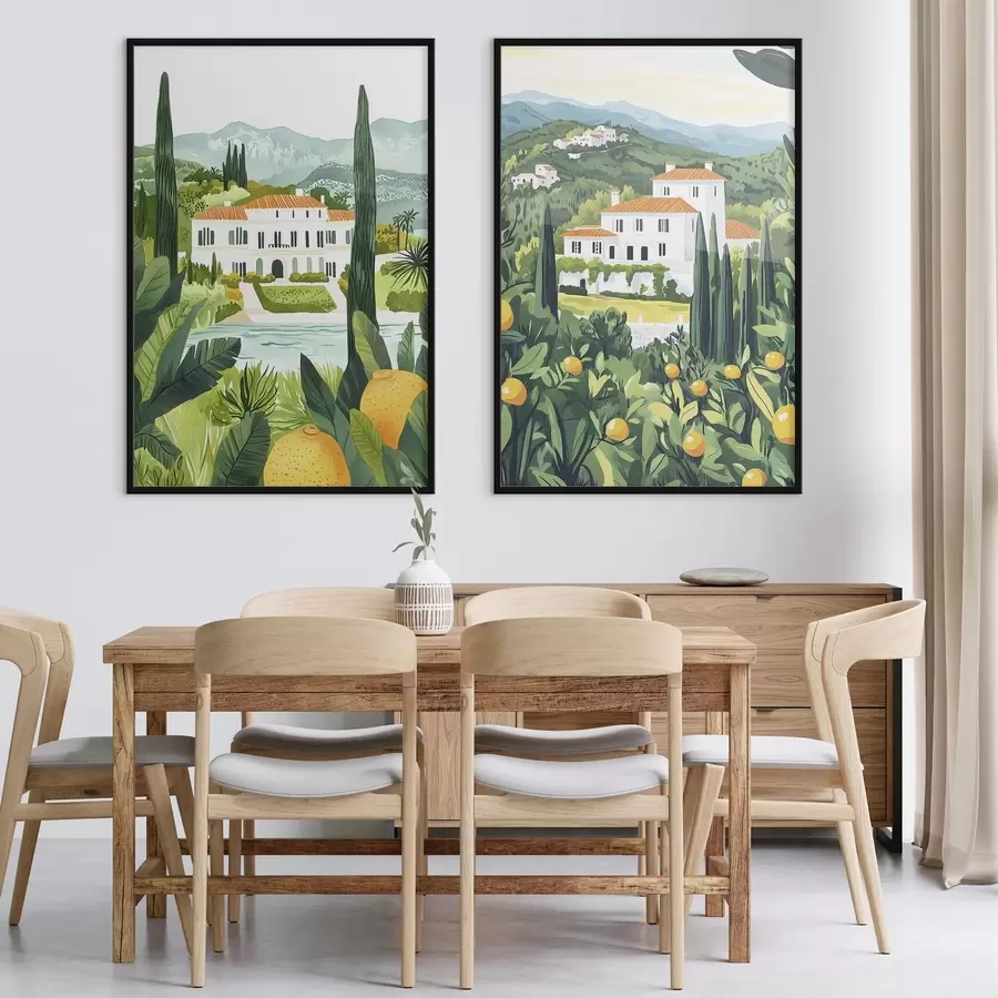 Fototapeta Śródziemnomorskie krajobrazy z drzewami i domami, wybrzeże morskie, Hiszpania d00450