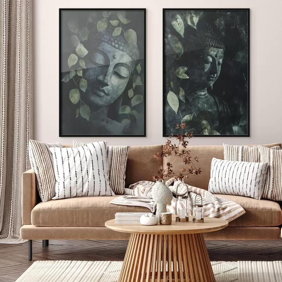 Fototapeta Zielony Budda w tropikalnych liściach, styl akwareli d00451