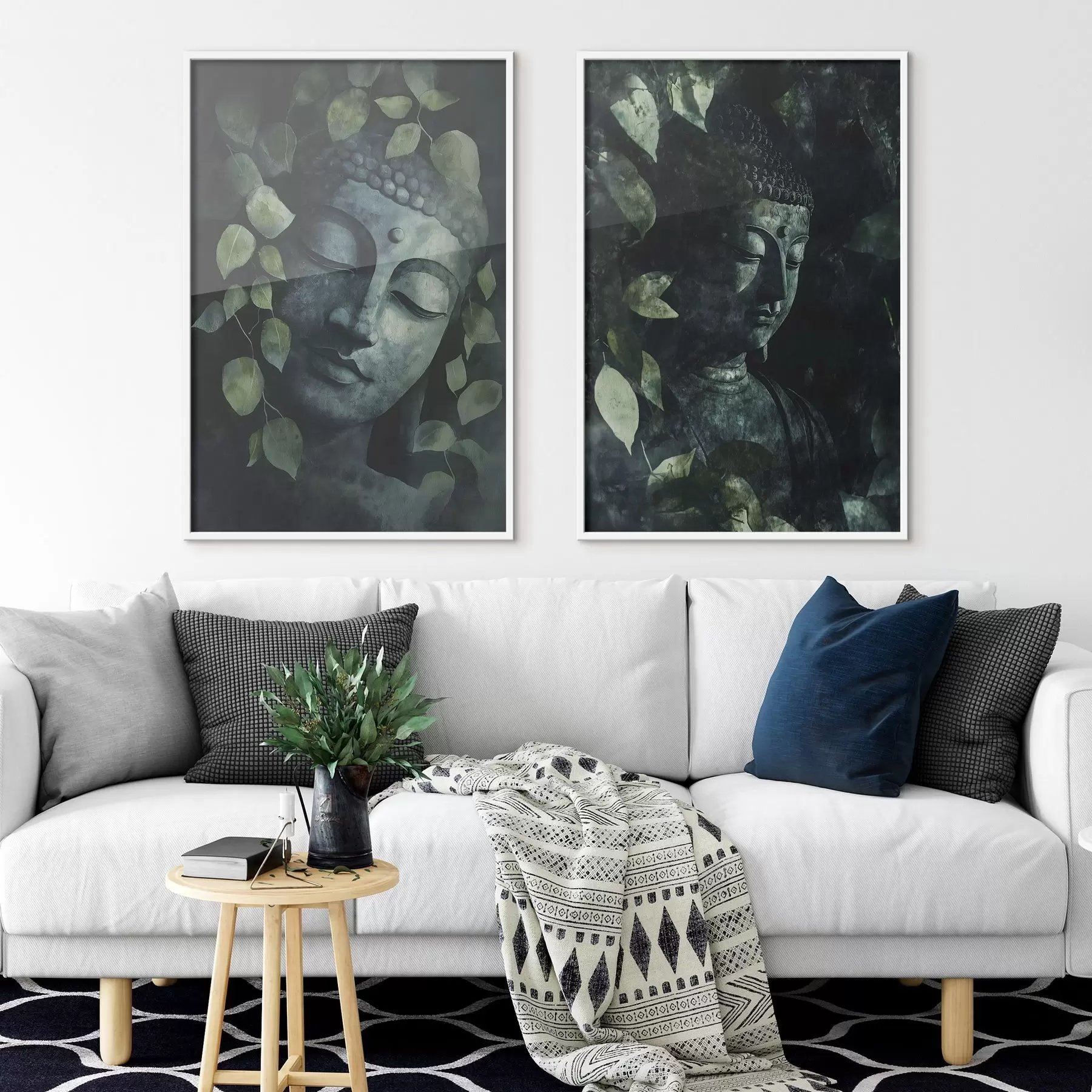 Fototapeta Zielony Budda w tropikalnych liściach, styl akwareli d00451