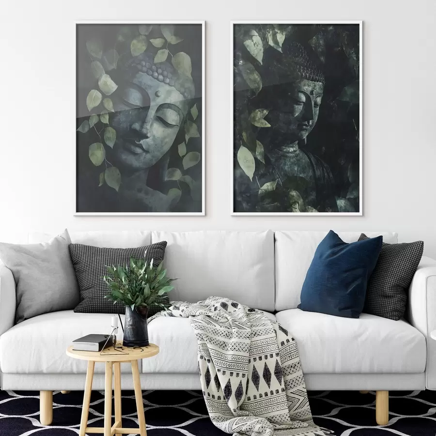 Fototapeta Zielony Budda w tropikalnych liściach, styl akwareli d00451